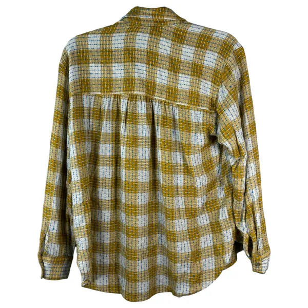 Pilcro Anthropologie Plaid Brown Cream Gauzy Long Sleeve Button Blouse Medium - Image 3