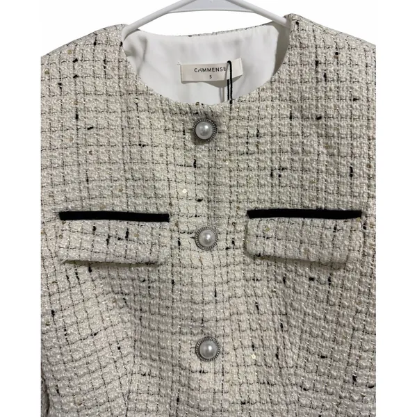 Commense Contrast Cuff Pearl Button Tweed Jacket Apricot Women's Size Small - Image 3