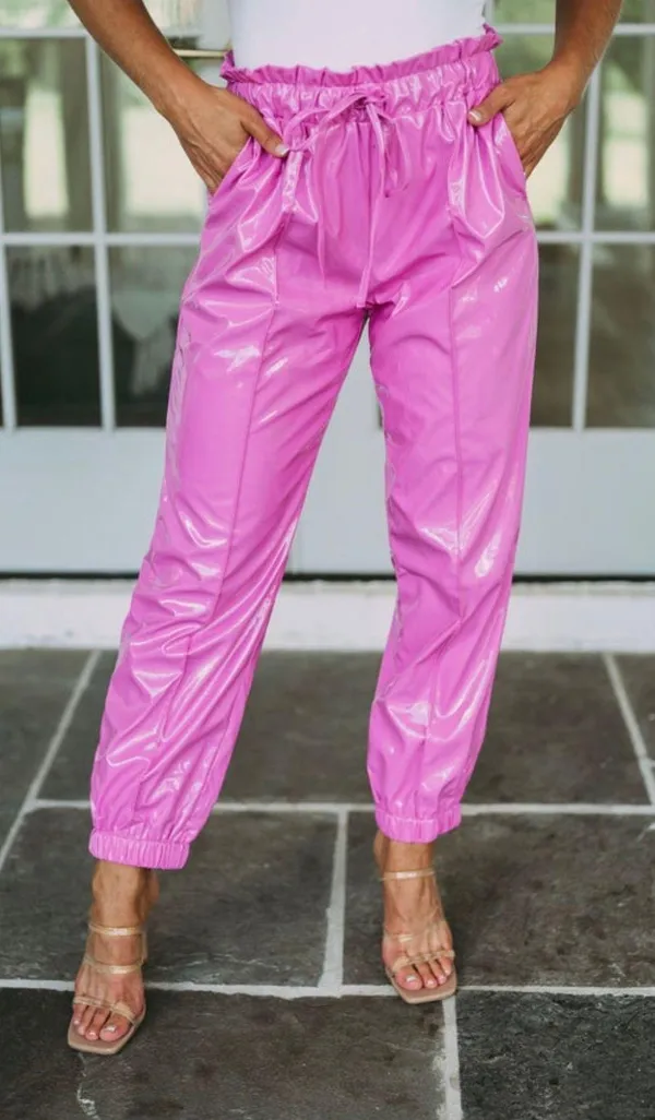 These Three Boutique Faux Leather Shiny Pink joggers - Image 4