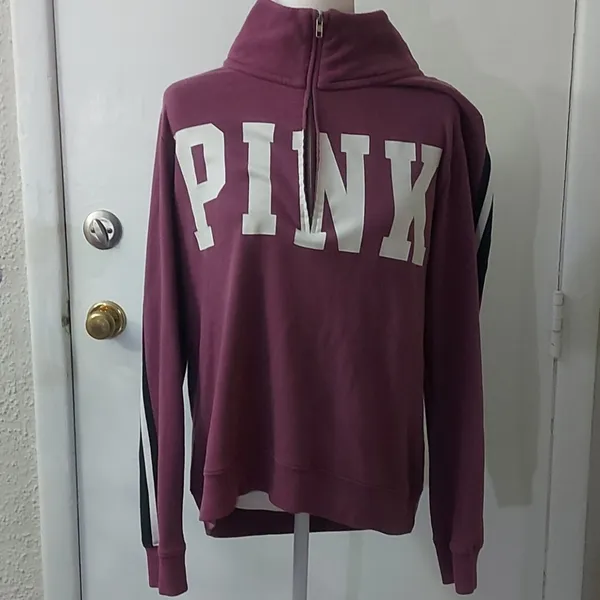 PINK Victoria's Secret Funnel Purple Logo Racer Stripe Zip Jacket. L Casual Preppy - Image 3