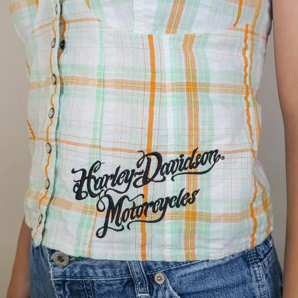 Y2K Harley Davidson Bustier Pearl Snap Plaid Tank Top - Image 3
