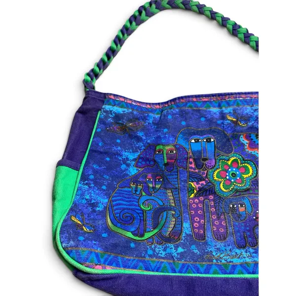 Laurel Burch Shoulder Bag Cats Dogs Purple Green Canvas Art Purse Vintage - Image 9
