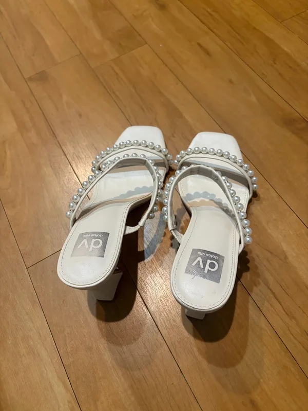 Dolce Vita Pearl Embellished Slip-On Square Toe Cream Colored Heels - Image 2