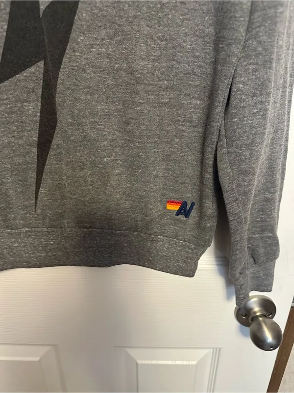 Aviator Nation Gray Off-Shoulder Sweatshirt with Black Lightning Bolt - Image 3