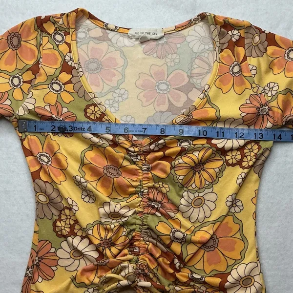 Pie In The Sky Floral Ruched Front Crop Top Womens Small Yellow Retro 70s V-Neck - Image 3