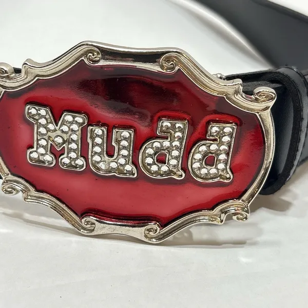 Vtg MUDD Rhinestone Spellout Belt Black Leather Red Enamel Big Statement Buckle - Image 3