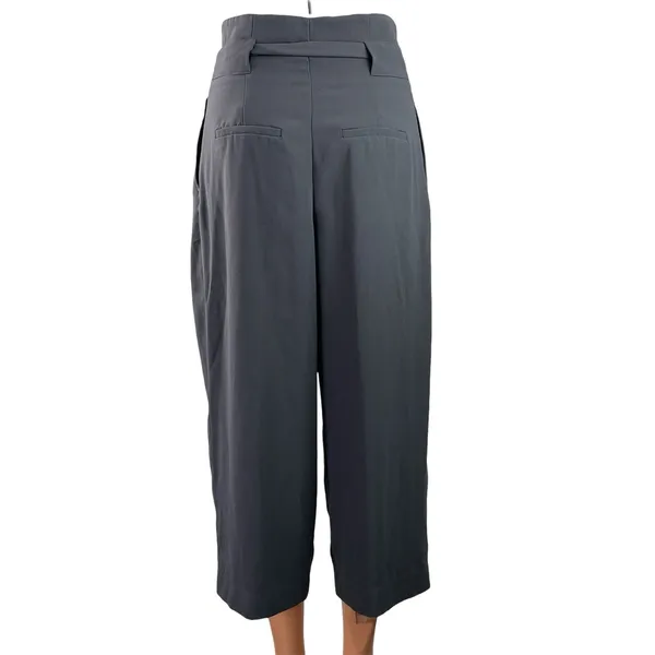 H&M Women's Gray Pleated High Waisted Tie Belt Cropped Paperbag Trouser Pants 2 - Image 3