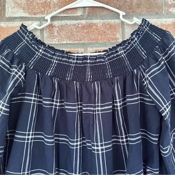 Abercrombie Fitch Plaid Off Shoulder Mini Dress Navy White Women’s Large - Image 3