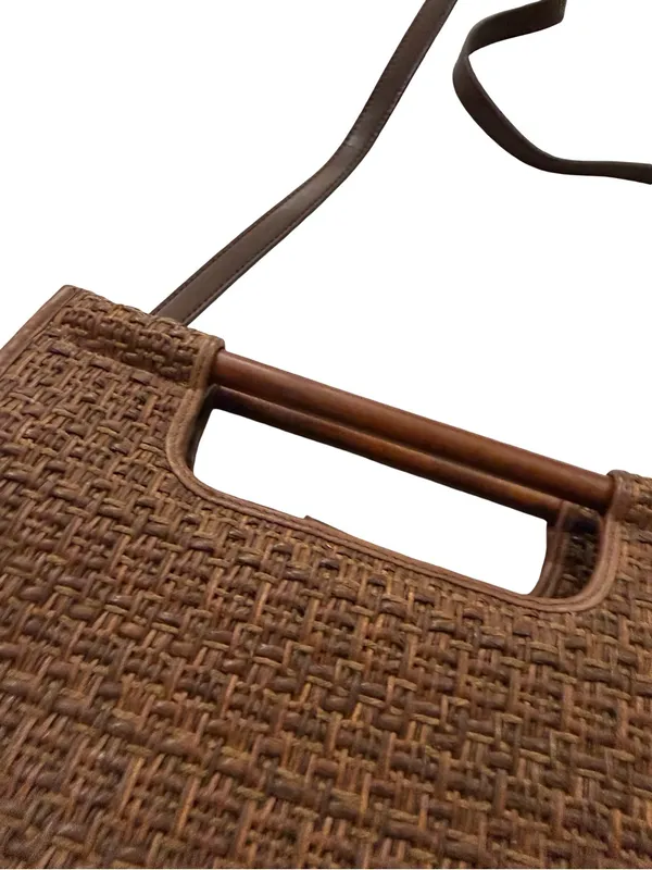 Fossil 75082 Brown Woven Raffia Tote Wood Handle Crossbody Bag One Size Women's - Image 10