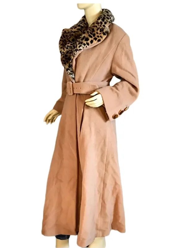 Oronero Tan Italian Wool & Animal Print Rabbit Fur Collar Coat (8) - Image 4