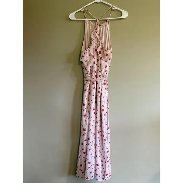 Lush Pink Red Floral Halter Maxi Dress Ruffle‎ Back Tie Waist Womens Medium - Image 2