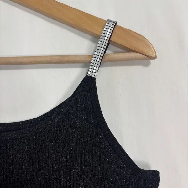 Vtg Pointelle Shimmer Tank‎ Top Womens XL Black Silk-Blend Silver Metallic Studs - Image 3