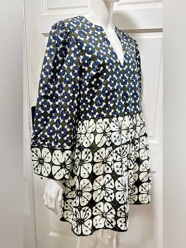 Tuckernuck 100%Cotton Boho Olive & Blue Floral Print Pleated Dress Size Large - Image 4
