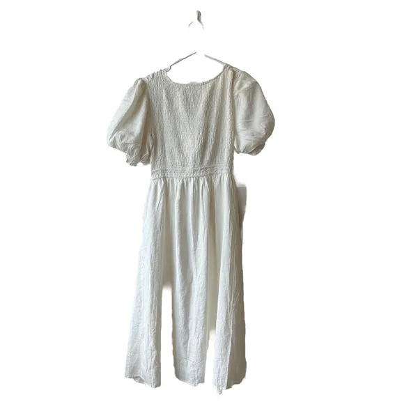 Source Unknown White Puff Sleeve Dress Halter Top Smocked Back Women's Large Tie Front Buttons - Image 2