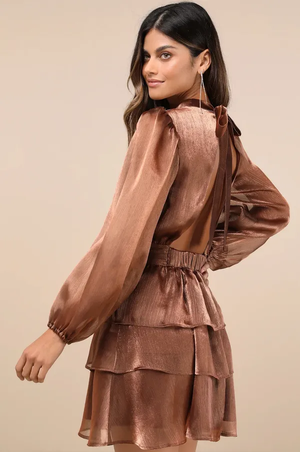 Lulus Ideal Behavior Bronze Metallic Backless Tiered Dress - Image 2