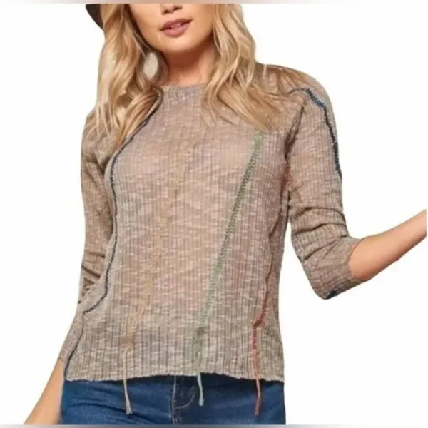 Prómesa Knit Top Brown Zigzag Embroidered Tassel Hem Boho Women Medium - Image 2