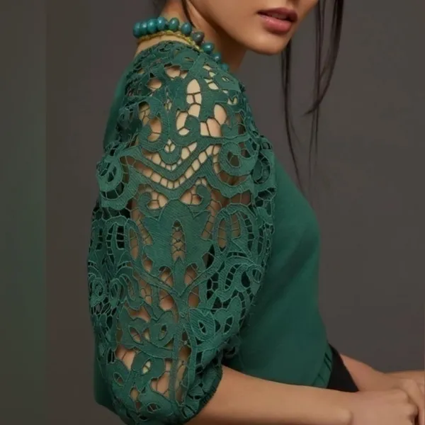 Like New Anthropologie Dolan Lace Puff Sleeve Sweatshirt Top Green Size Small - Image 3