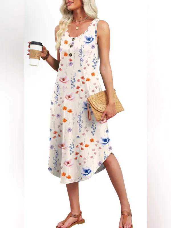 WIHOLL Summer Dresses for Women 2026 Button Front Sleeveless Casual Midi Dress B - Image 2