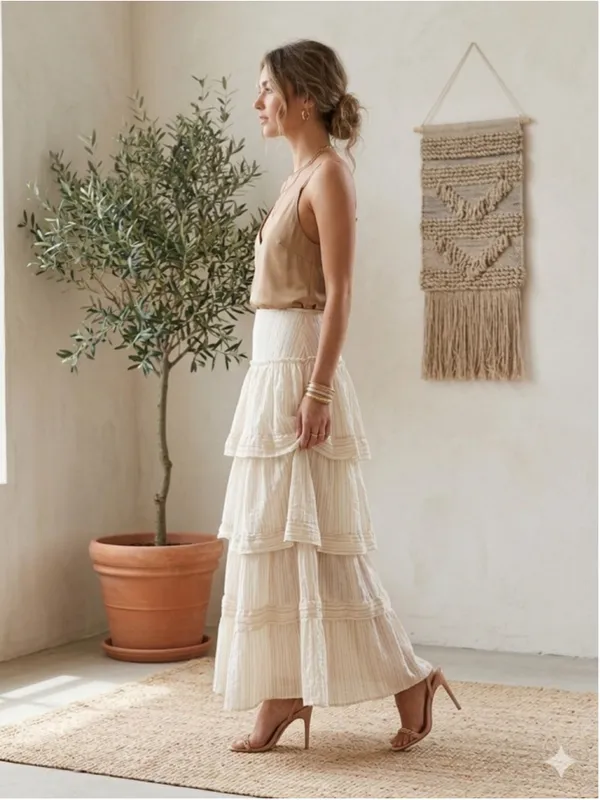 SHEIN Boho Tiered Maxi Skirt Large Tan Cream Striped Cottagecore Coastal Ruffle - Image 3