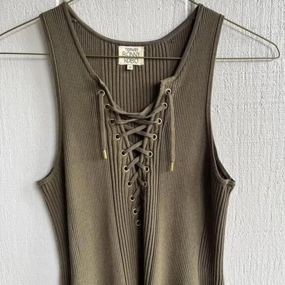 Torn by Ronny Kobo Lace Up Ribbed Knit Mini Dress‎ in Olive Green Size M - Image 4