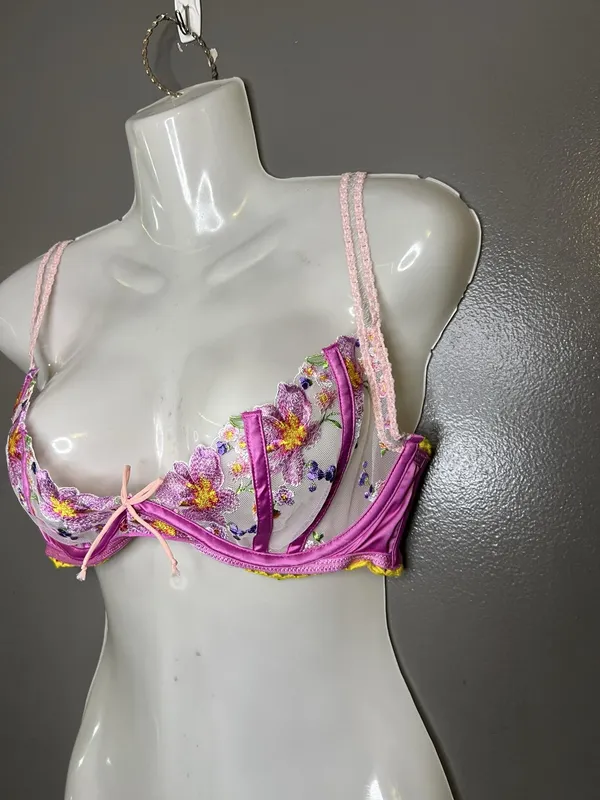 For Love & Lemons Bra Womens Medium Pink Lace Floral Balconette Underwire Sheer - Image 3