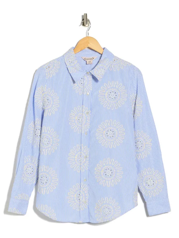 Nanette Lepore Blue and White Striped Embroidered Button-Up Shirt Floral - Image 2