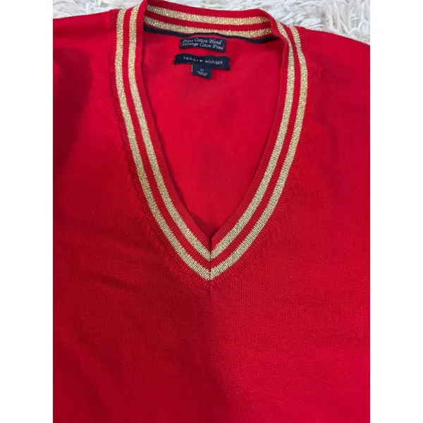 Vintage Tommy Hilfiger Red V Neck Sweater Gold Trim Pima Cotton‎ Blend Size M - Image 4