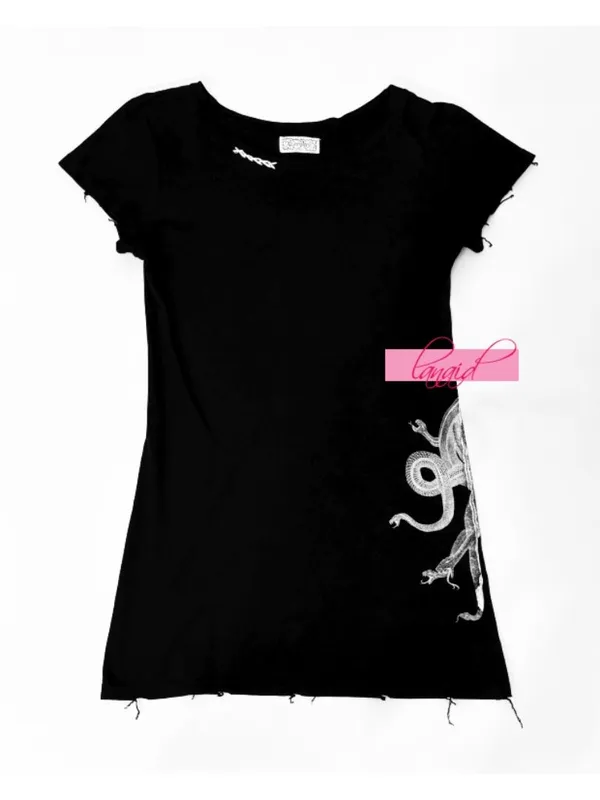 Lauren Moshi Medusa Tee Black Distressed Snakes Fitted Gothic Edgy Tunic Top S - Image 3
