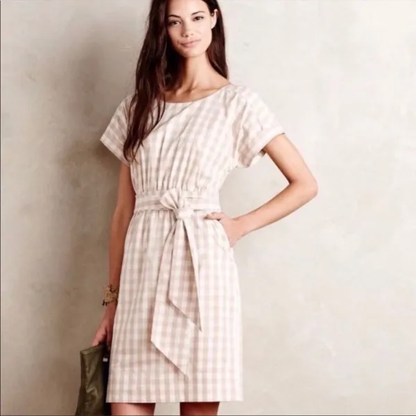 Anthropologie HD in Paris Gingham Print Short Sleeve‎ Belted Dress in Tan Size 4 - Image 10