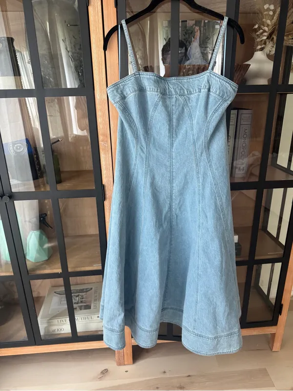 Anthropologie denim midi dress Marin Square Neck Pilcro fit & flare light wash - Image 7