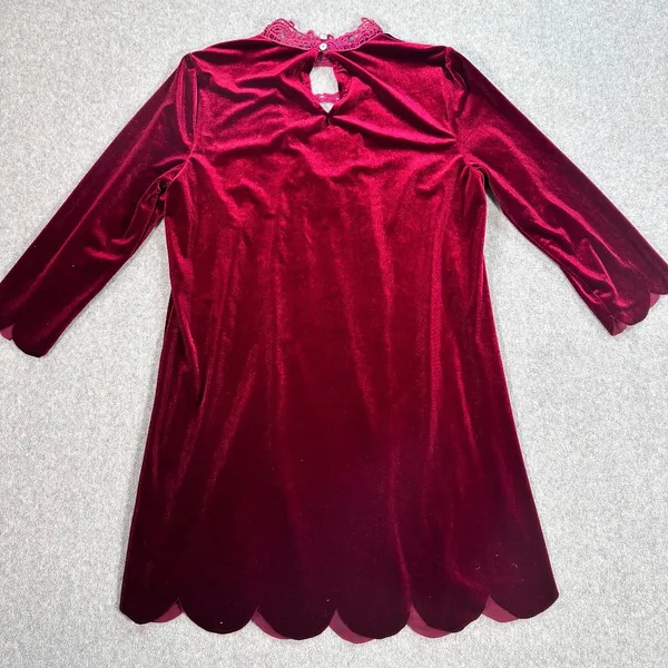 Entro Velvet Mini Dress Women's Small Red Lace Neck Scallop Hem 3/4 Sleeve - Image 8