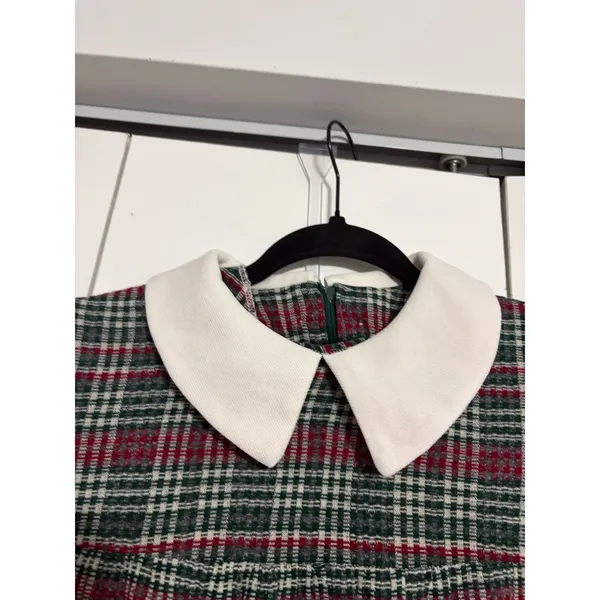 Vintage Plaid Maxi Dress Cottagecore Green Red Peter Pan‎ Collar Long Sleeve - Image 8