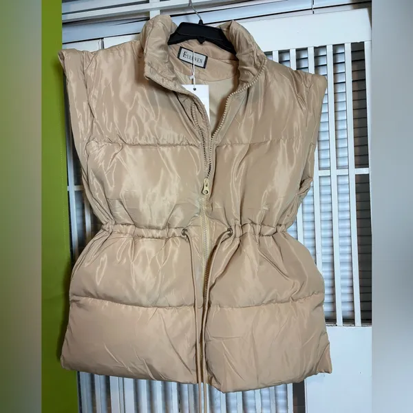 ELLEVEN Beige Puffer Vest with Waist Fit Tan Size M - Image 2