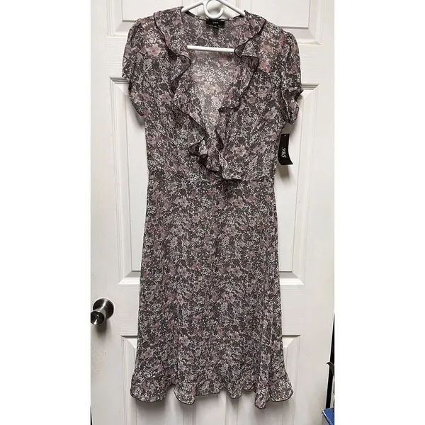 JBS Women Brown Pink Floral Ruffle V-Neck Sheer Mini Dress Size 10 NWT - Image 3