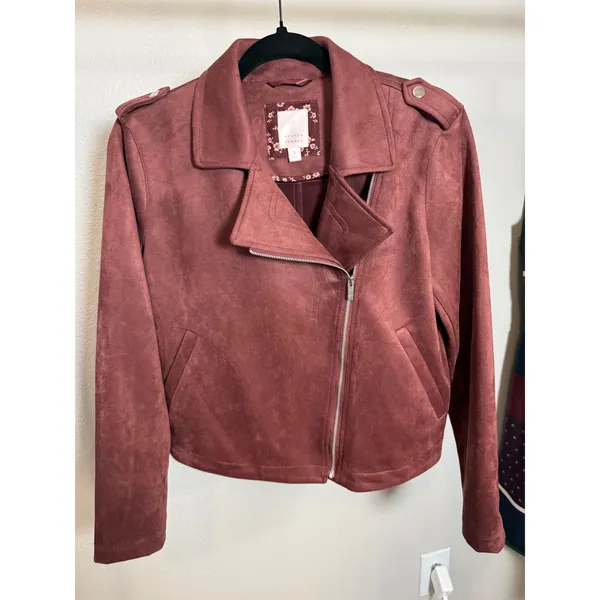 LC Lauren Conrad Womens Faux Suede Moto Jacket Burgundy‎ Asymmetrical Zip Small - Image 7