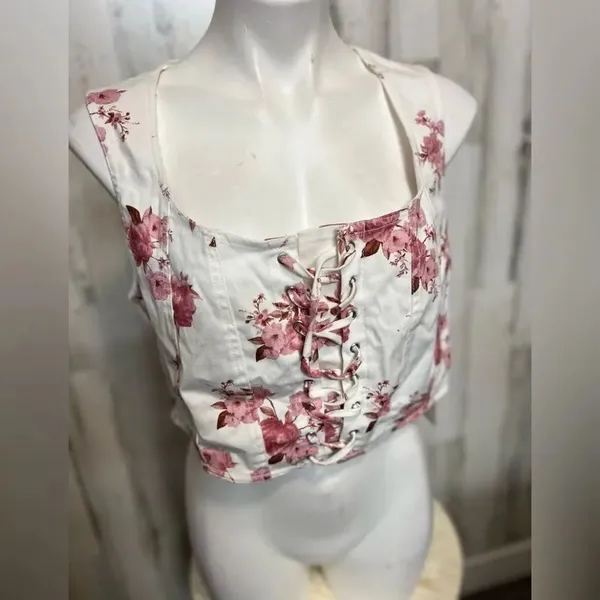 Blashe Floral Lace-Up Corset Crop Top XL White Pink Sleeveless Cottagecore - Image 3