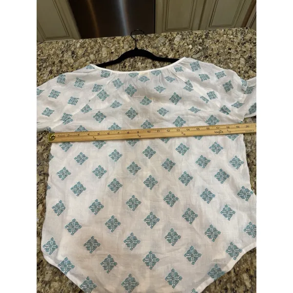 Roller Rabbit Embroidered Floral Peasant Blouse‎ Top V Neck Size XS White Teal - Image 8