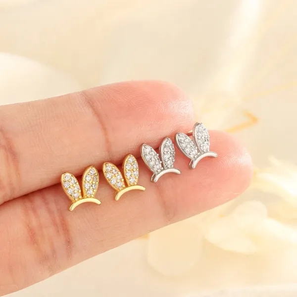 Mini Diamonds Easter Rabbit Ears Gold Sterling Stud Earrings - Image 4