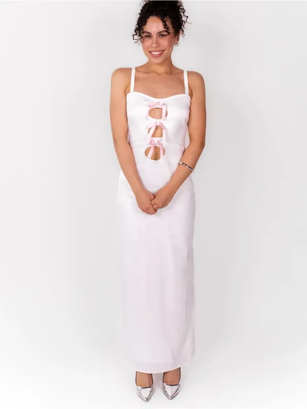 Bella Via The Alexandra Maxi Dress Satin Cutout White Pink Bow Small - Image 2