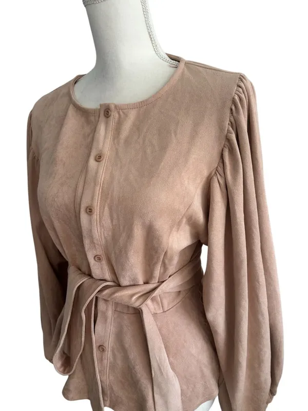 VICI Beige Button Down Faux Suede Belted Long Sleeve Top Sz Large - Image 4