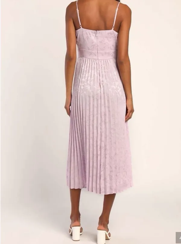 Lulus Regal Romance Lavender Floral Jacquard Pleated Satin Midi Dress - Image 3