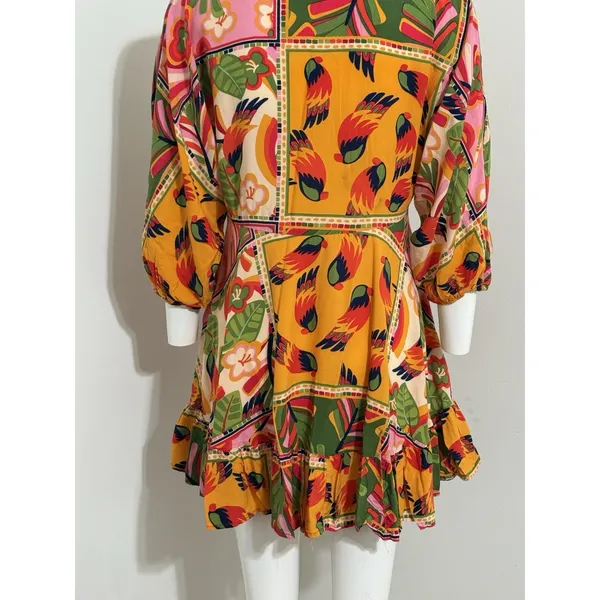 Tropical Patchwork Parrot Mini Dress Boho Resort Farm Rio Style Swim Cover S - Image 4
