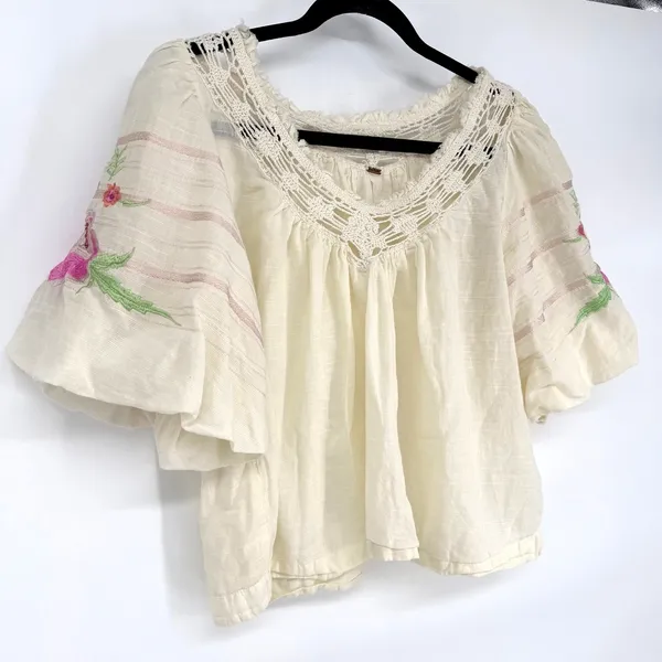 Free People Bohemia Embroidered Peasant Top XS Cream Boho Puff Sleeve - Image 6