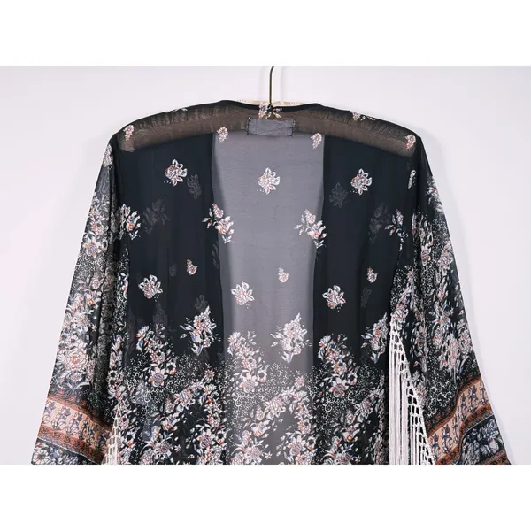 Abercrombie Boho Fringe Kimono Size XS Black Hippie Festival Coachella Western - Image 7