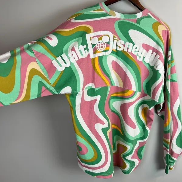 Walt Disney World Spirit Jersey Womens Medium Pink Green 70s Swirl Long Sleeve M - Image 8