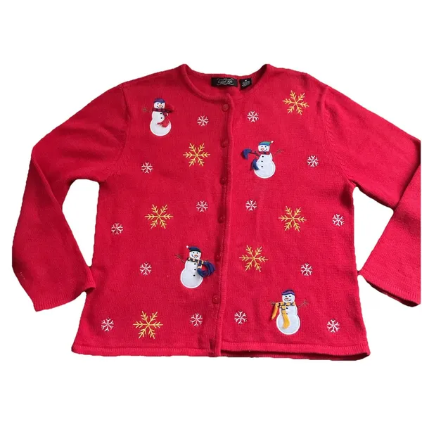 Crystal-Kobe Women's Red Christmas Cardigan Sweater Snowmen‎ Design Size Medium - Image 2