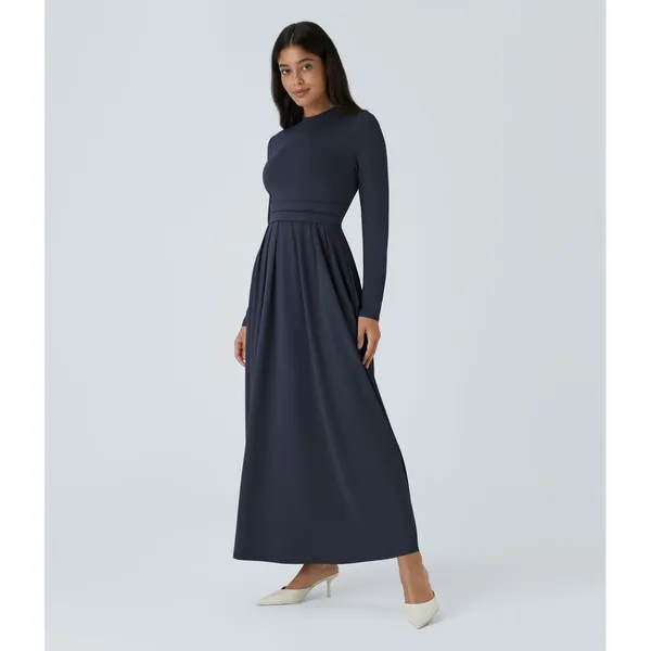 HALARA Navy Blue Mock Neck Long Sleeve Pocket Flare Maxi Casual Dress Knit XS - Image 4