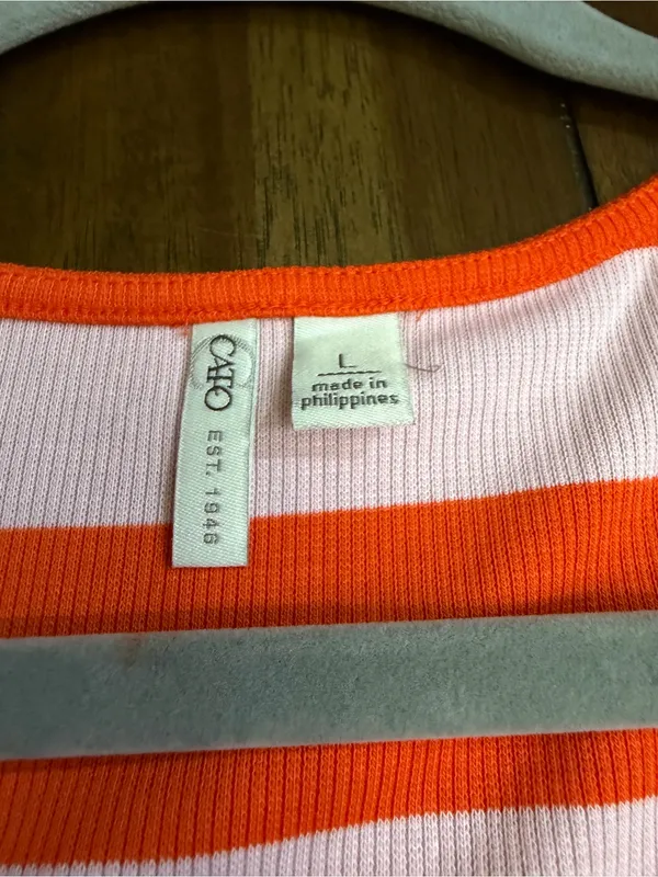 CATO Ribbed Striped Heart Neck Top Size L Pink Orange Puff Sleeve Stretch Knit - Image 7