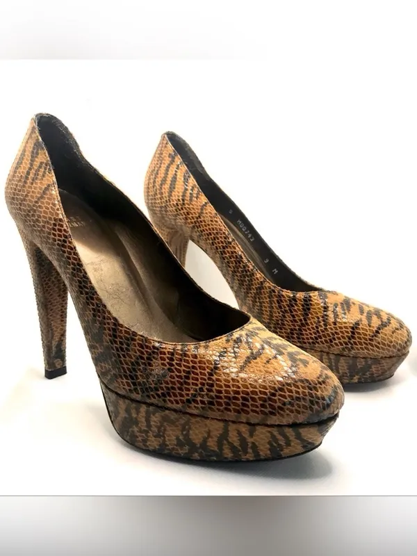 Stuart Weitzman Brown & Black Leather Animal Print Snakeskin Embossed Heels (9) - Image 3