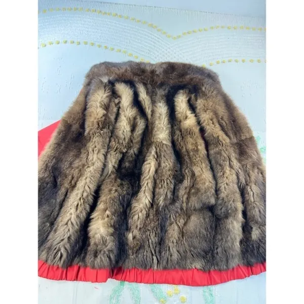 Vintage Red Fur Lined Bomber Jacket Heavy Winter Coat Real‎ Fur Trimmed Collar - Image 2
